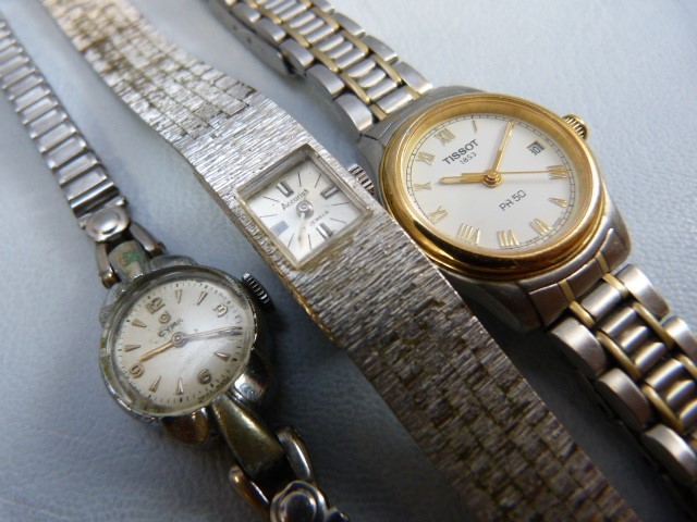 Three ladies silver coloured metal wrist watches. Two dress watches A/F by Accurist & CYMA and a - Image 2 of 9