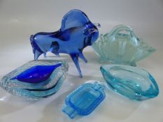 Murano glass bull, unusual ashtray and other art Glass