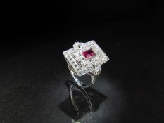 Silver (Sterling) CZ art deco style ring with central Ruby panel