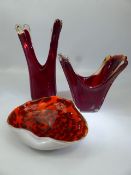 Three pieces of Art Glass to include two Murano vases and a glass free form bowl