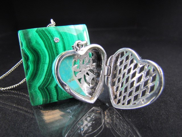 Three silver pendants on chains - 1) Malachite square set with two small stones and hung from 18" - Image 3 of 3