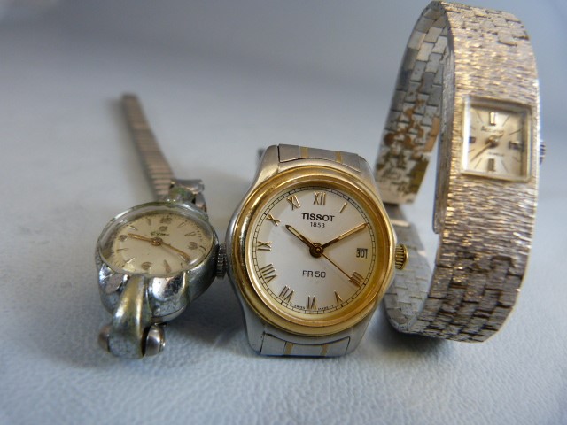 Three ladies silver coloured metal wrist watches. Two dress watches A/F by Accurist & CYMA and a - Image 3 of 9