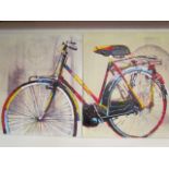 Prints with oil overlay depicting a bike aspread over two canvasses