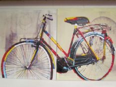 Prints with oil overlay depicting a bike aspread over two canvasses