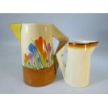 Clarice Cliff - Two jugs from the Bizarre Range (1 very badly damaged). Crocus pattern.
