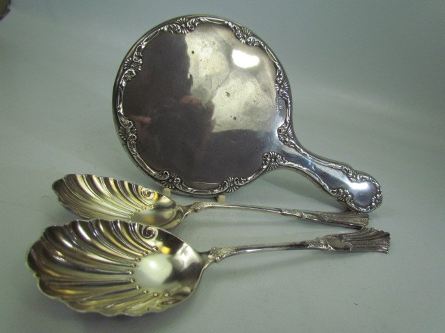 Hallmarked silver mirror, similar button pull and two spoons. - Image 2 of 3