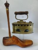 Chinese brass kettle and a vintage shoe makers horn.