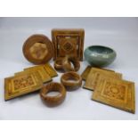 Selection of Tunbridge ware to include Napkin rings and boxes etc, along with a Dicker Ware bowl