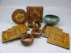 Selection of Tunbridge ware to include Napkin rings and boxes etc, along with a Dicker Ware bowl