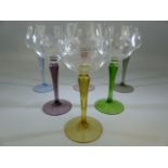 Set of six coloured Stem Hock Glasses with wheel cut Decoration.