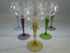 Set of six coloured Stem Hock Glasses with wheel cut Decoration.