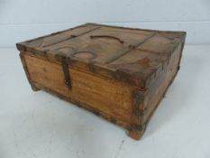 Antique bible box with inscribed decoration. Metal banded fittings and hidden compartments to back