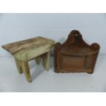 Rustic wooden stool and a small hanging cupboard