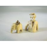 Antique ivory miniature of a suited man, along with a carved ivory pendant of an elephant