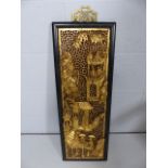 Middle Eastern wooden wall hanging decorated with Gold Overlay and mounted in a lacquered black