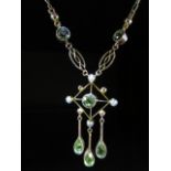 9ct Gold Negligee ladies necklace set with seed pearls and Peridot