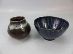 Selborne pottery bowl with copper oxidised decoration along with one other studio pottery vase