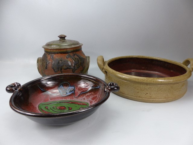 Three pieces of Studio pottery to include a lidded pot, twin handled bowl and one other - Image 2 of 9