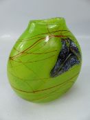 Siddy Langley Art glass Vase of moonflask shape. Uranium coloured with reds and a mottled leaf