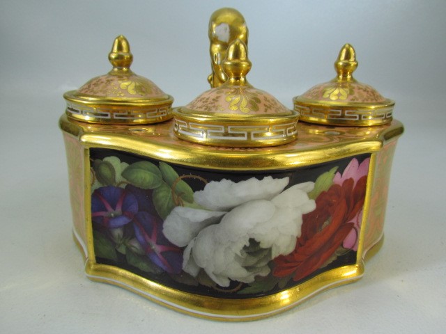 BARR, FLIGHT BARR (Worcester) 1807 - 1813. Triple inkstand, with Gilt Serpent handle. Finely painted