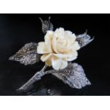 Ivory and 925 silver brooch, the flower carved ivory on silver floral spray