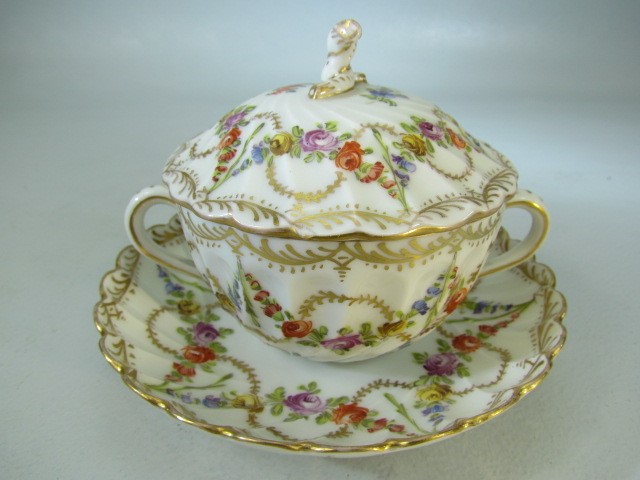 Dresden pot and cover with matching saucer with scalloped edge and floral swags.