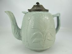 Staffordshire c.1880 Salt Glaze oversized teapot in turquoise with Pewter Lid. Moulded with flora