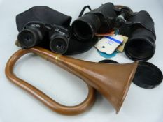 Two pairs of vintage binoculars, copper horn etc