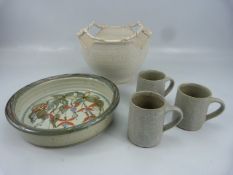 Studio Pottery to include a marked flat bowl decorated with flowers, lattice style handled vase, and