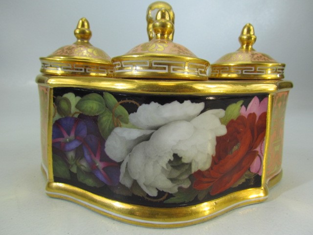 BARR, FLIGHT BARR (Worcester) 1807 - 1813. Triple inkstand, with Gilt Serpent handle. Finely painted - Image 5 of 7