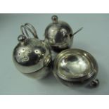 Unusual Hallmarked silver condiment set in the form of two acorns and a front bowl. Joined by a loop