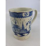 Early Liverpool c. 1790 cider jug decorated with blue and white underglaze depicting Pagodas.