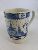 Early Liverpool c. 1790 cider jug decorated with blue and white underglaze depicting Pagodas.