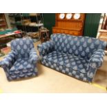 Blue upholstered antique style two seater sofa and armchair