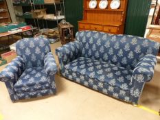 Blue upholstered antique style two seater sofa and armchair