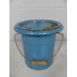 Unusual blue enamlled milk pot and cover with wooden handle. unmarked.