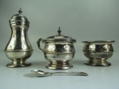 Hallmarked silver Three piece condiment set. Marked For Birmingham, Blackmore & Fletcher Ltd 1934.