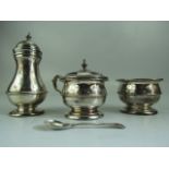 Hallmarked silver Three piece condiment set. Marked For Birmingham, Blackmore & Fletcher Ltd 1934.