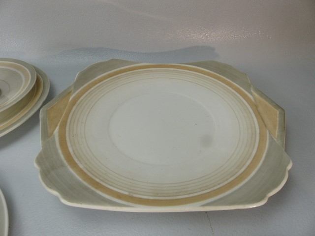 Art Deco Shelley part Tea set shape no 756533. Decorated in grey and beige bands. - Image 5 of 9