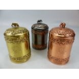 Three metal ware pots to with elephant finials. 'Ceylon Mackwood Limited'