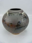 Studio Pottery Globular vase with overpainted 'Drip' effect glazing. Impressed mark SE to base.