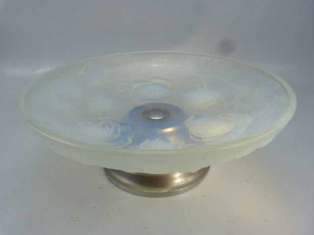 Etling Opalescent Tazza on silver plated foot. Moulded decoration depicting roses.