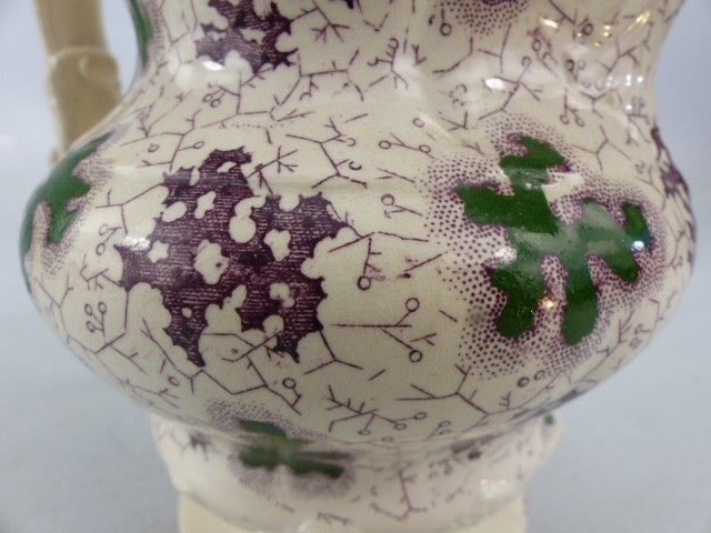 Early Staffordshire transfer ware jug - marked 'Grotto' to base. Decorated in Greens and Purples - Image 3 of 5