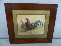 Watercolour depicting Old English Game Cock and Hen. Unsigned and mounted in a mahogany veneer