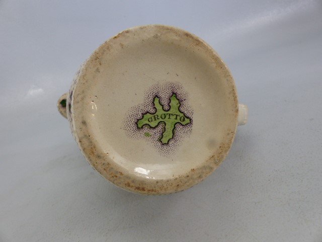 Early Staffordshire transfer ware jug - marked 'Grotto' to base. Decorated in Greens and Purples - Image 4 of 5