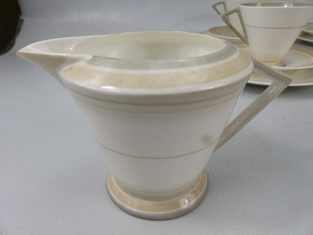 Art Deco Shelley part Tea set shape no 756533. Decorated in grey and beige bands. - Image 4 of 9