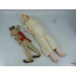 Victorian part bisque limbed doll with fabric body along with a sunny Jim doll
