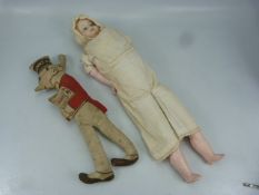 Victorian part bisque limbed doll with fabric body along with a sunny Jim doll