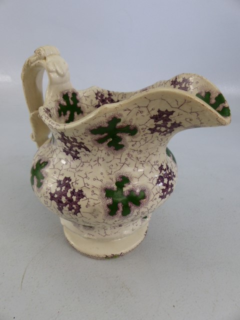 Early Staffordshire transfer ware jug - marked 'Grotto' to base. Decorated in Greens and Purples - Image 2 of 5