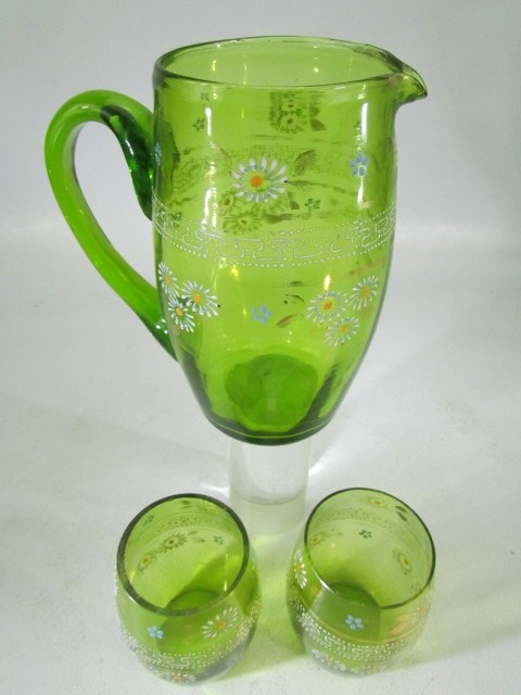 Victorian Green glass hand painted jug and two glasses - Image 2 of 3
